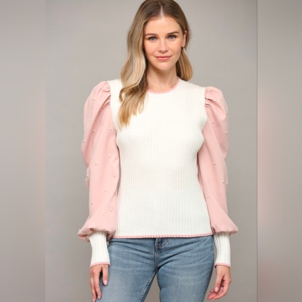 Fate Pearl Embellished Puff Sleeve Sweater